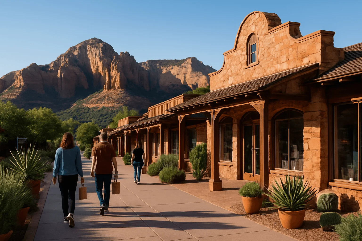 Pedestrians beside adobe storefronts with red-rock cliffs in the distance