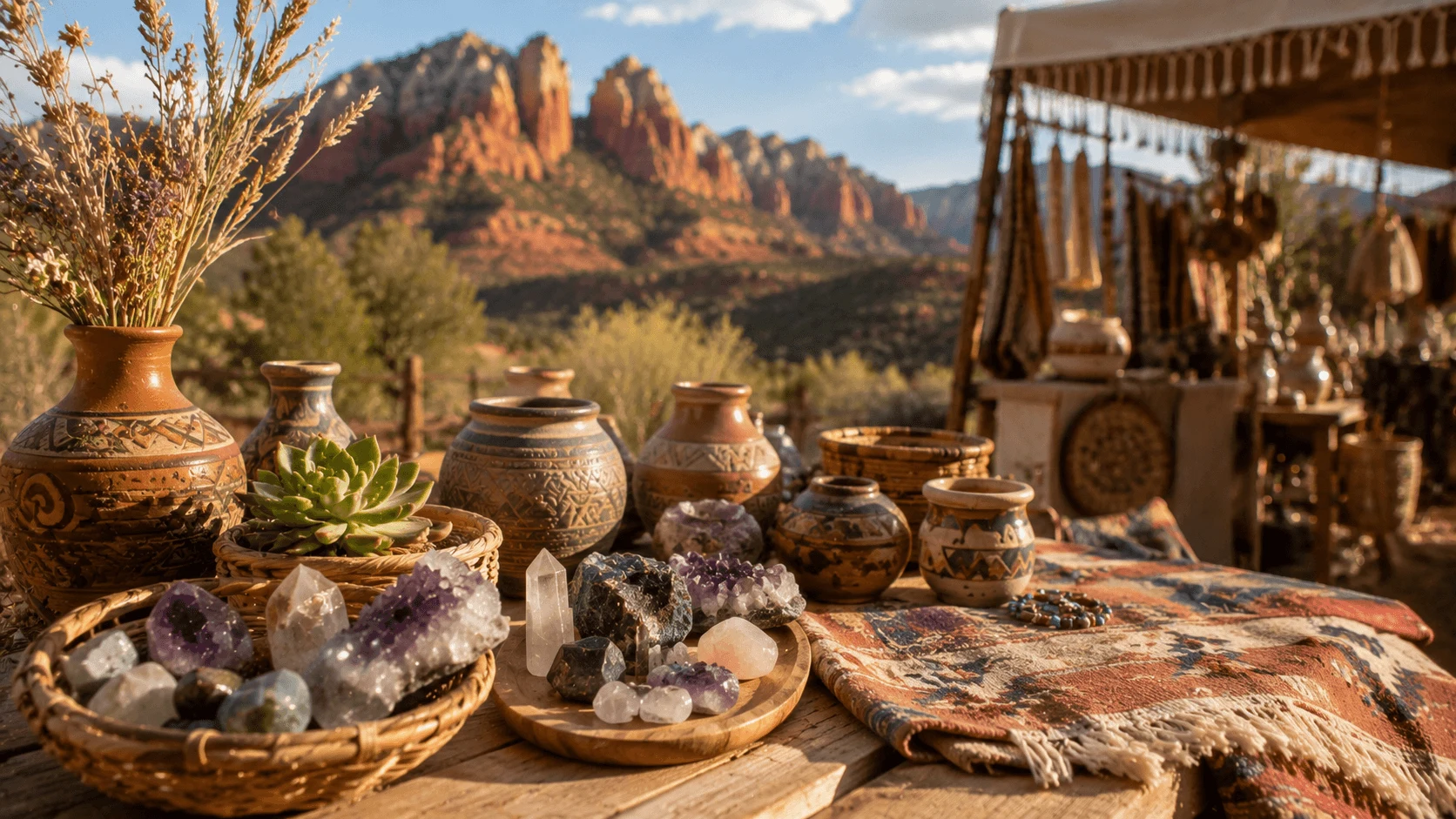 Pottery, jewelry and crystals displayed with Sedona red rocks in the background