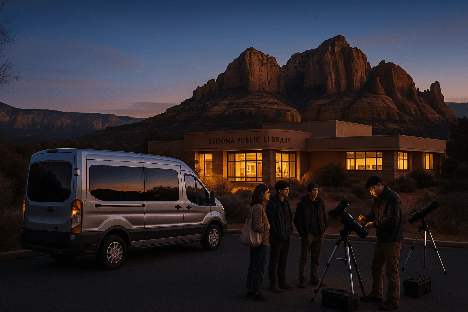 Visitors gathering beside a shuttle and a lit building at dusk