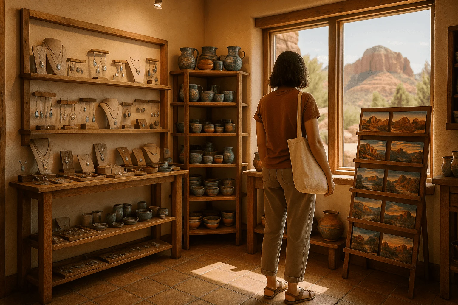 A visitor browsing pottery beside a shop window