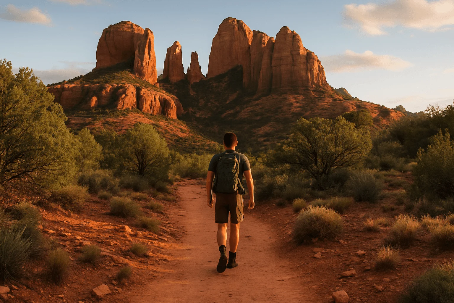 A hiker following a red-dirt path toward sandstone formations