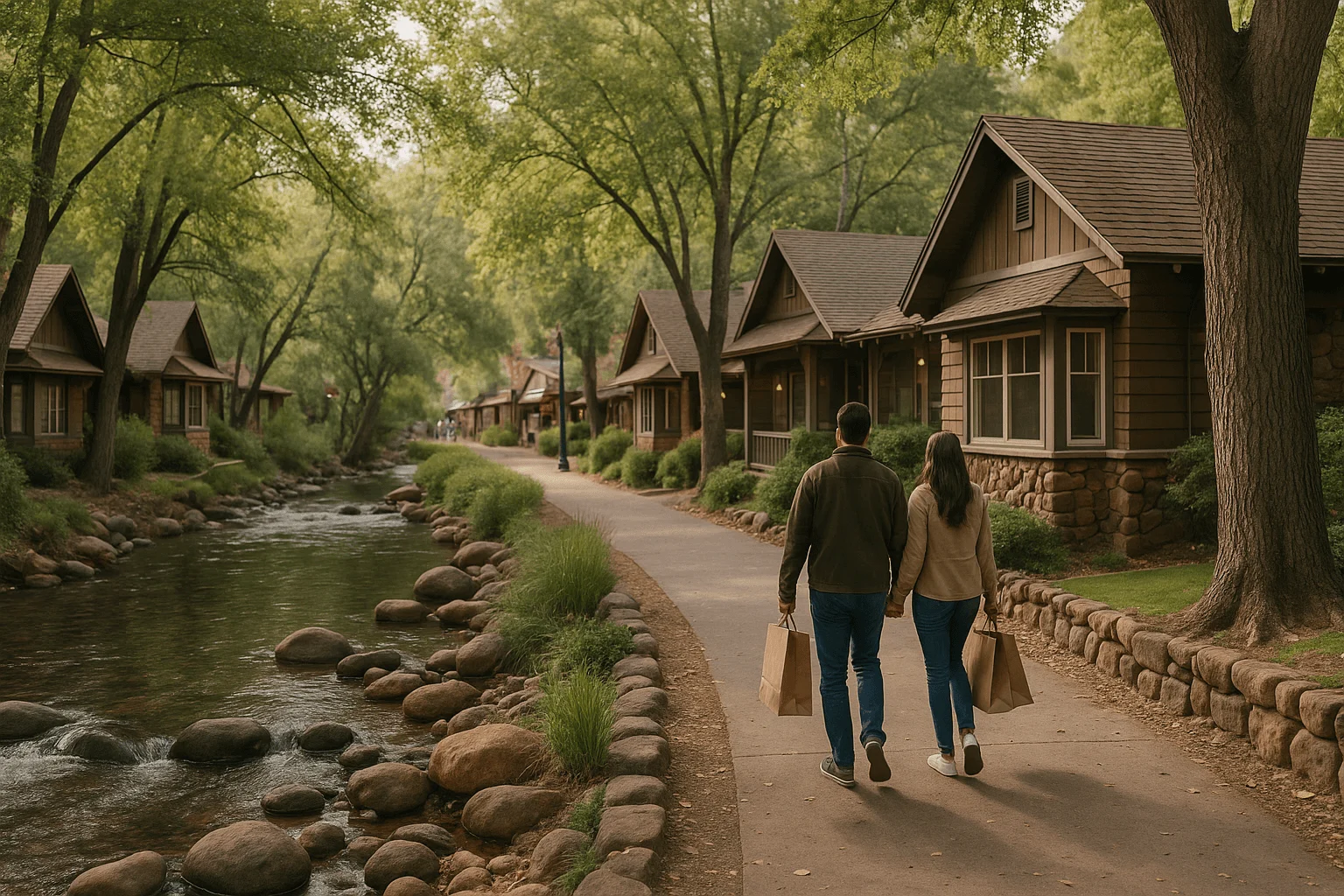 Visitors walking past wooded creekside cabins