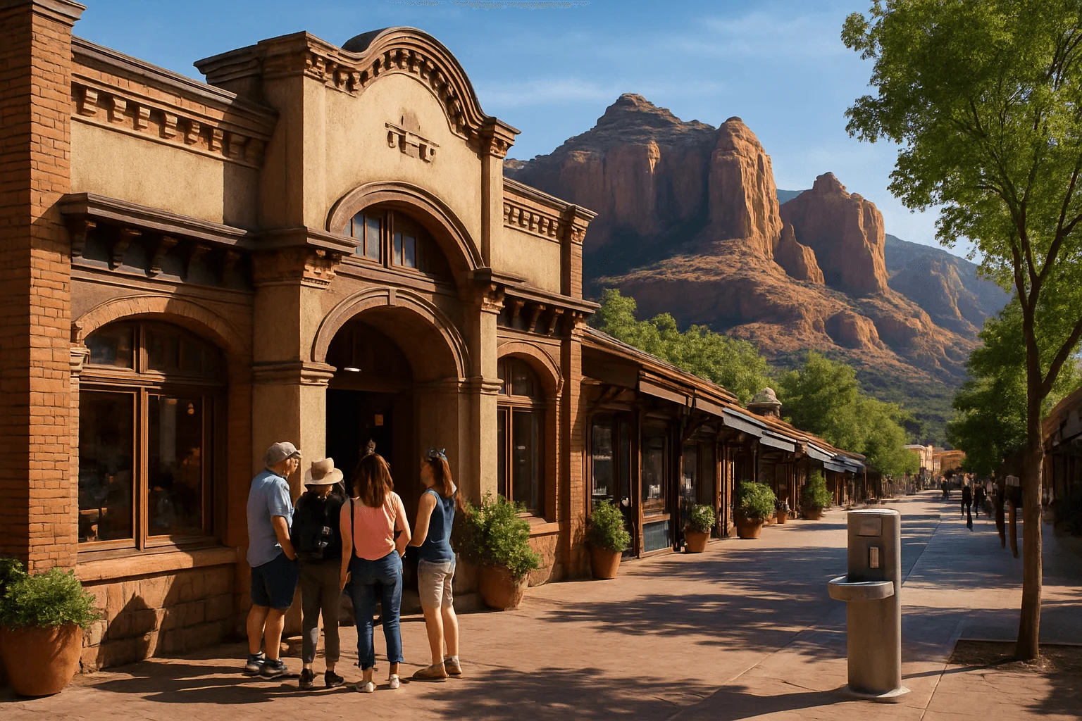 Shoppers outside arched storefronts beneath red-rock cliffs
