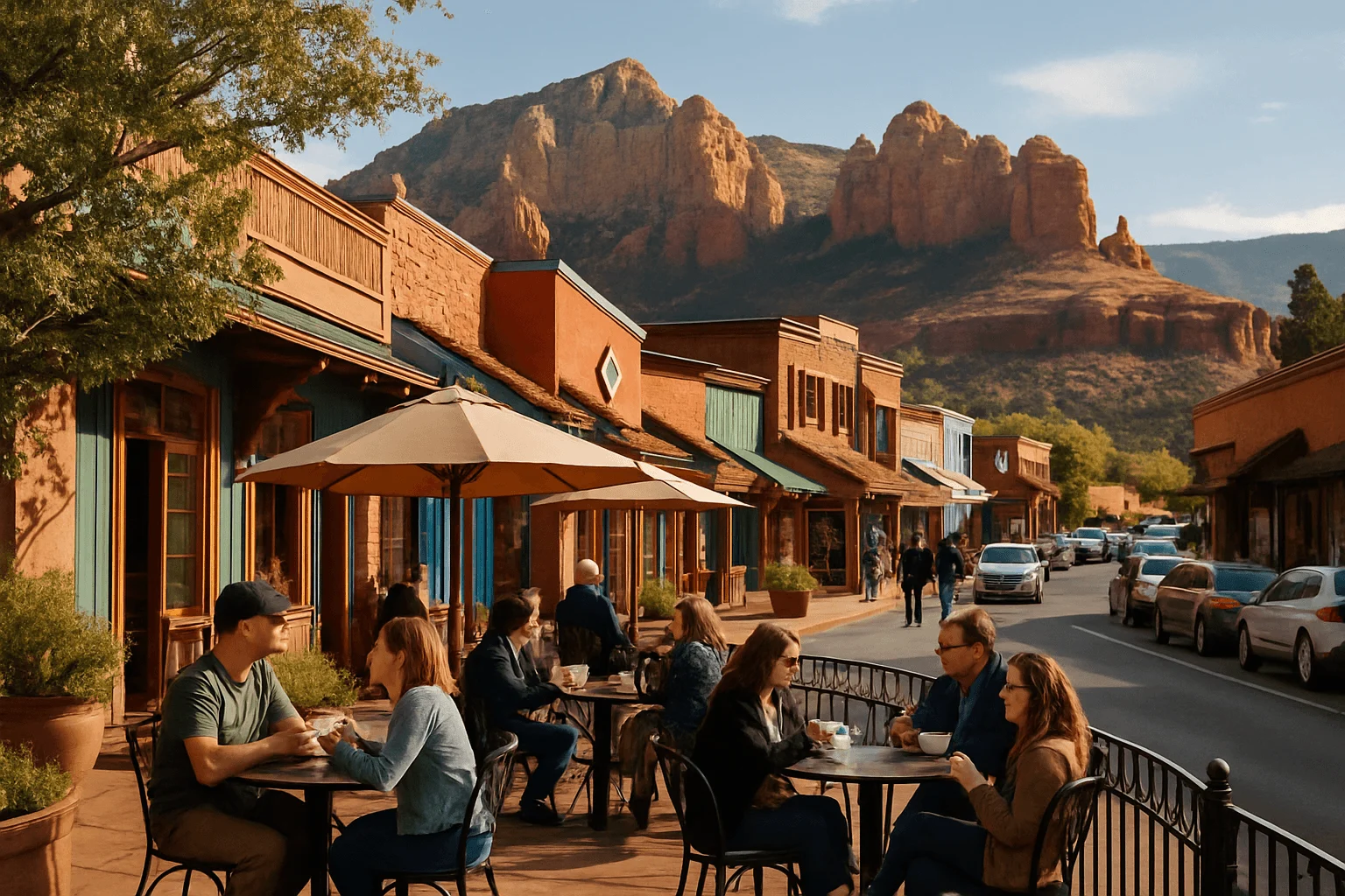 People dining on an outdoor terrace along a shopping street