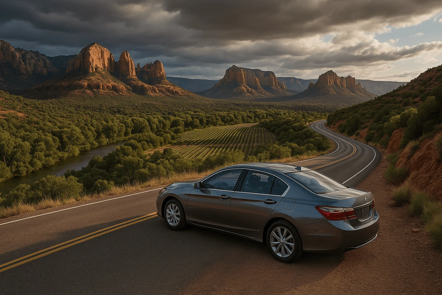 A car on a winding road through red-rock country