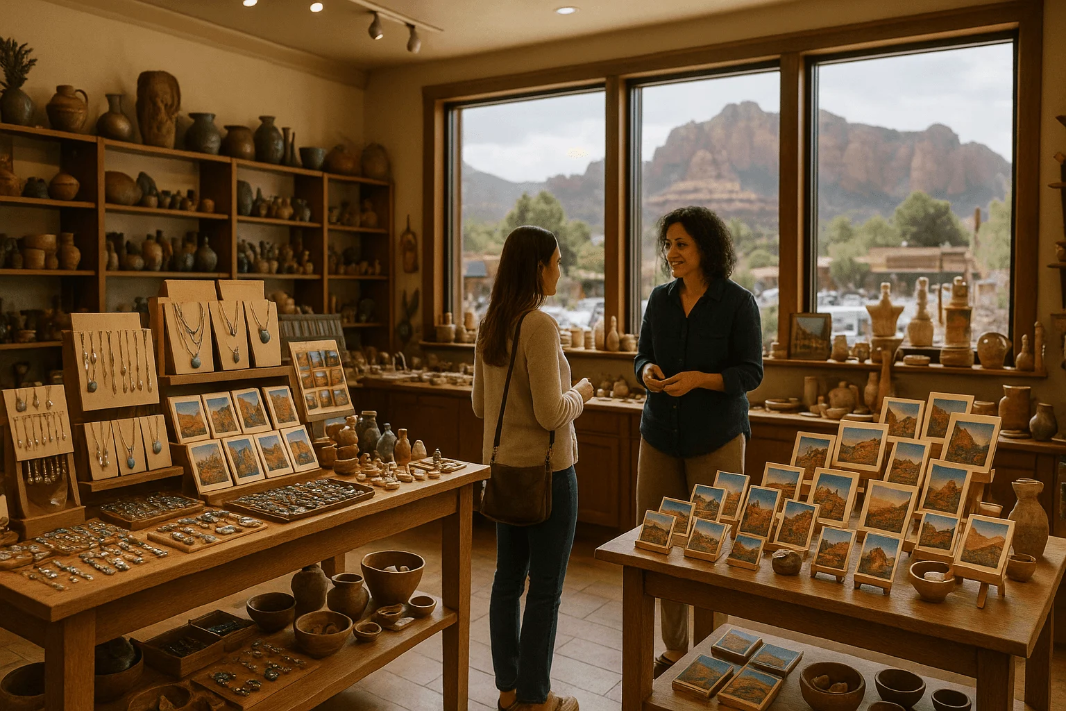 Two people talking beside displays of gifts and jewelry
