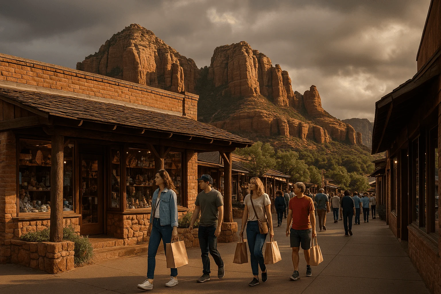 Visitors walking between shops beneath red-rock formations
