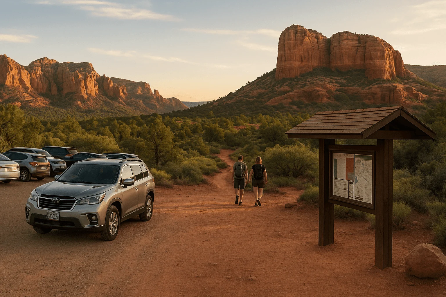A parked car and trail information board near red-rock formations