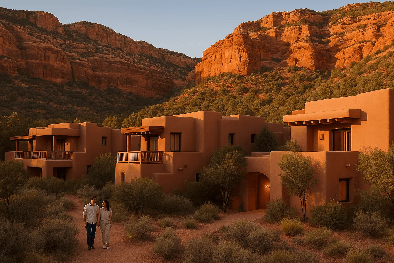 Adobe buildings and a walkway at the foot of red-rock cliffs