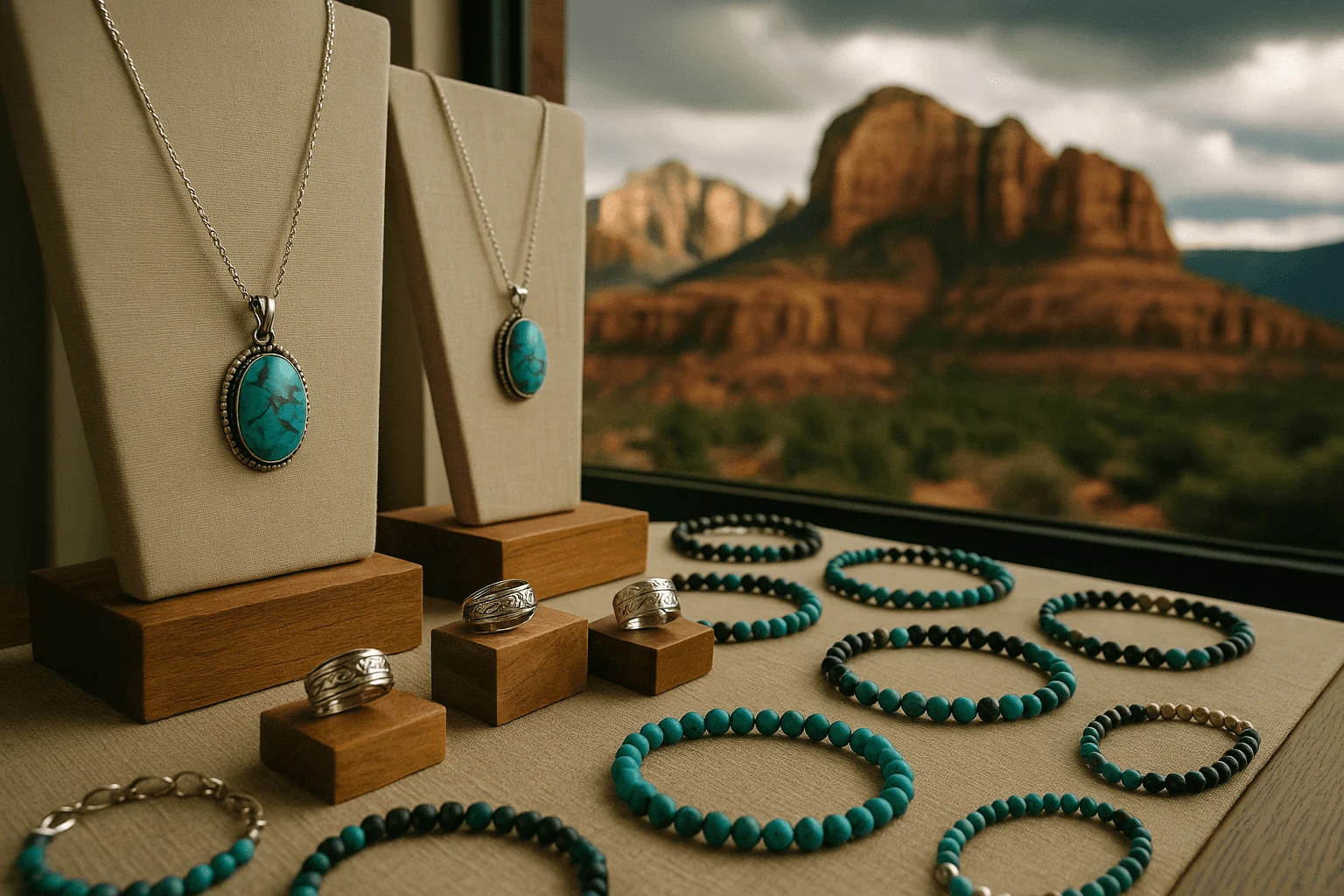 Turquoise necklaces and bracelets displayed beside a window
