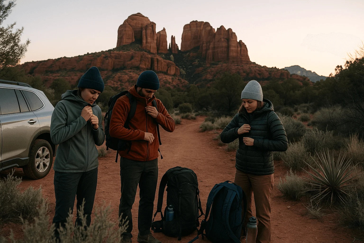 Hikers preparing beside a parked car in cool weather
