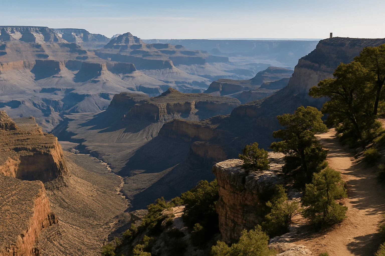 Layered canyon cliffs and a winding river viewed from a rim