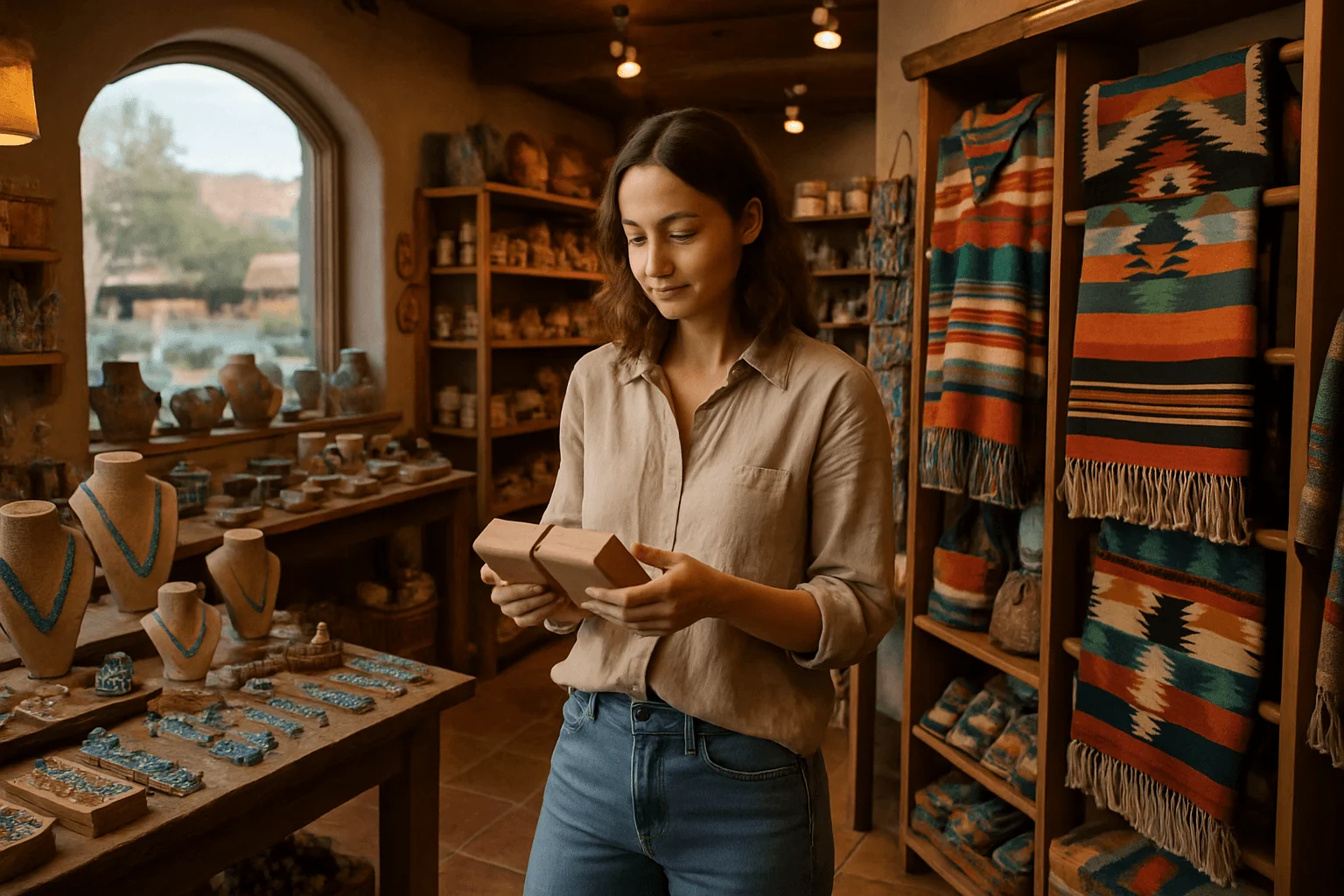 A visitor looking at jewelry inside a shop with woven textiles