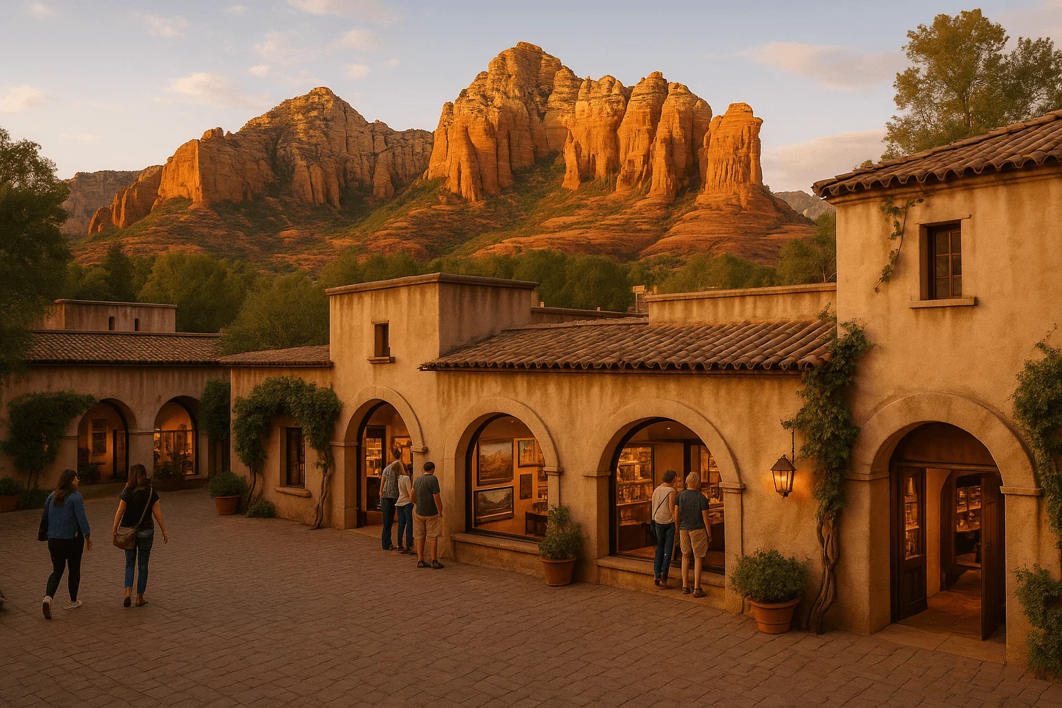 An adobe courtyard with arched entrances and red-rock views