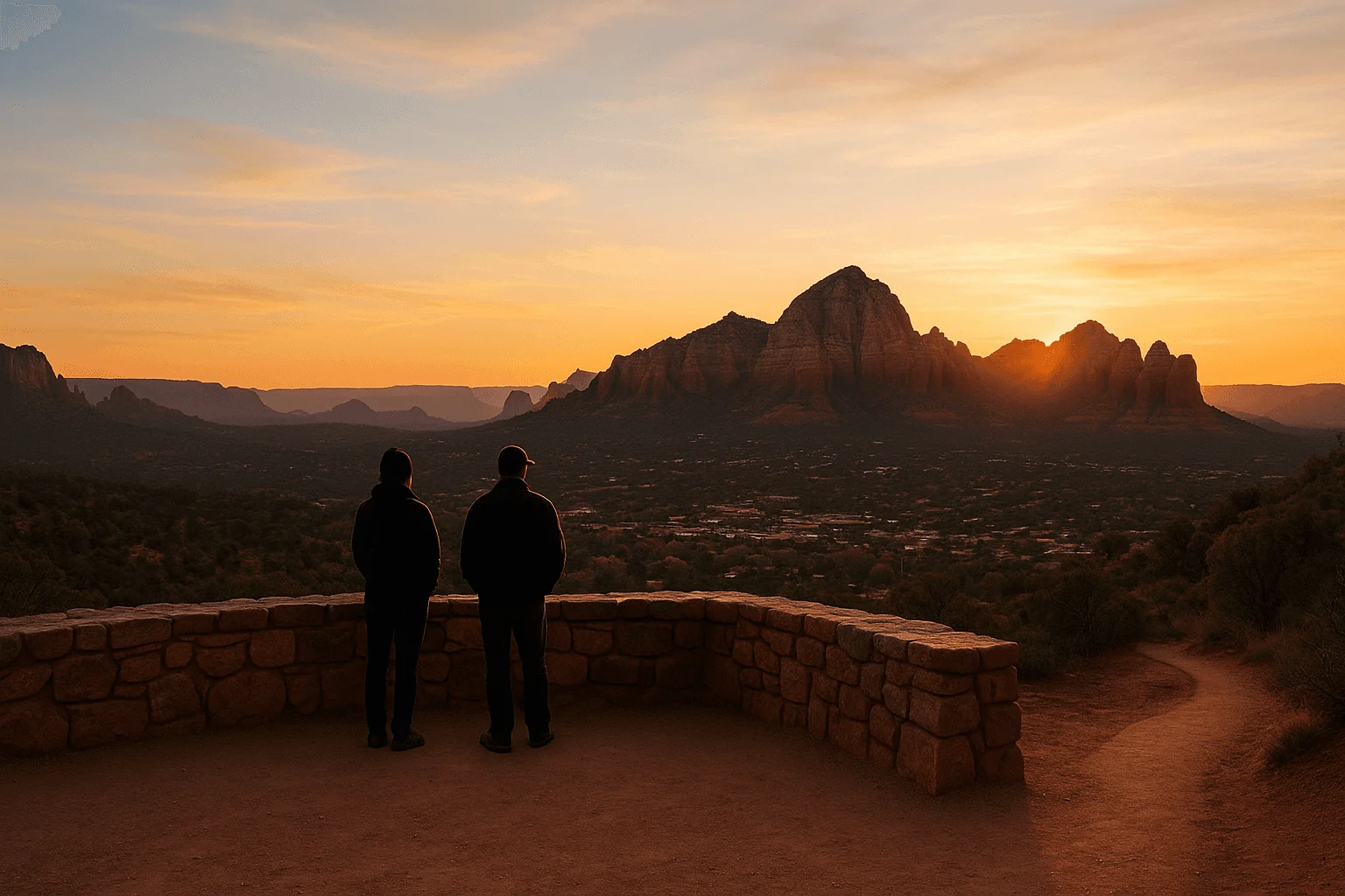 Two people watching a sunset from a stone overlook