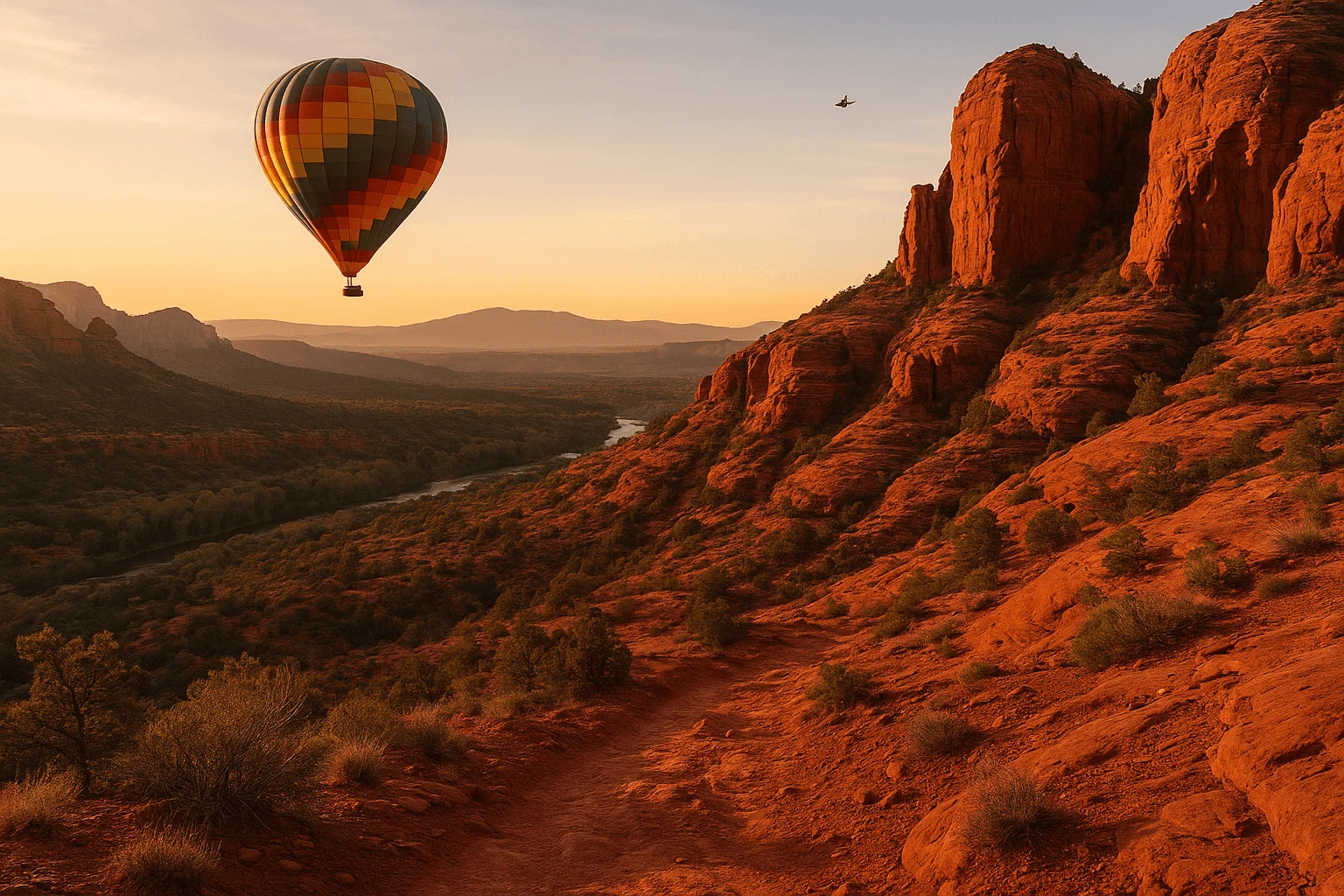 A hot-air balloon floating beside red sandstone cliffs