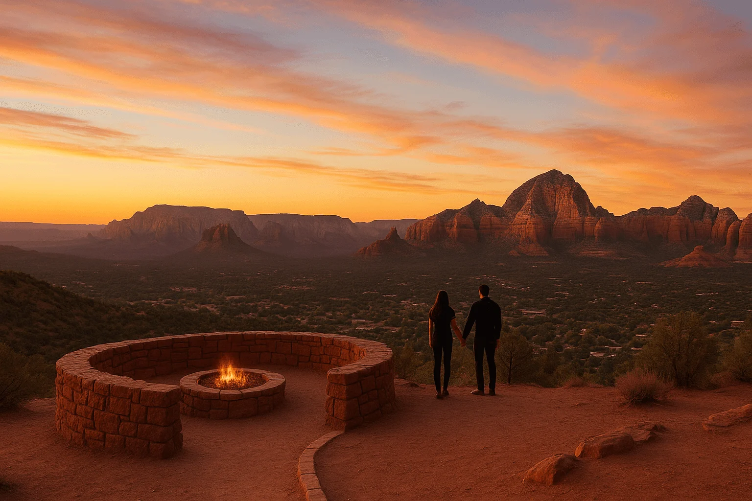 Visitors and a circular fire pit at a sunset overlook
