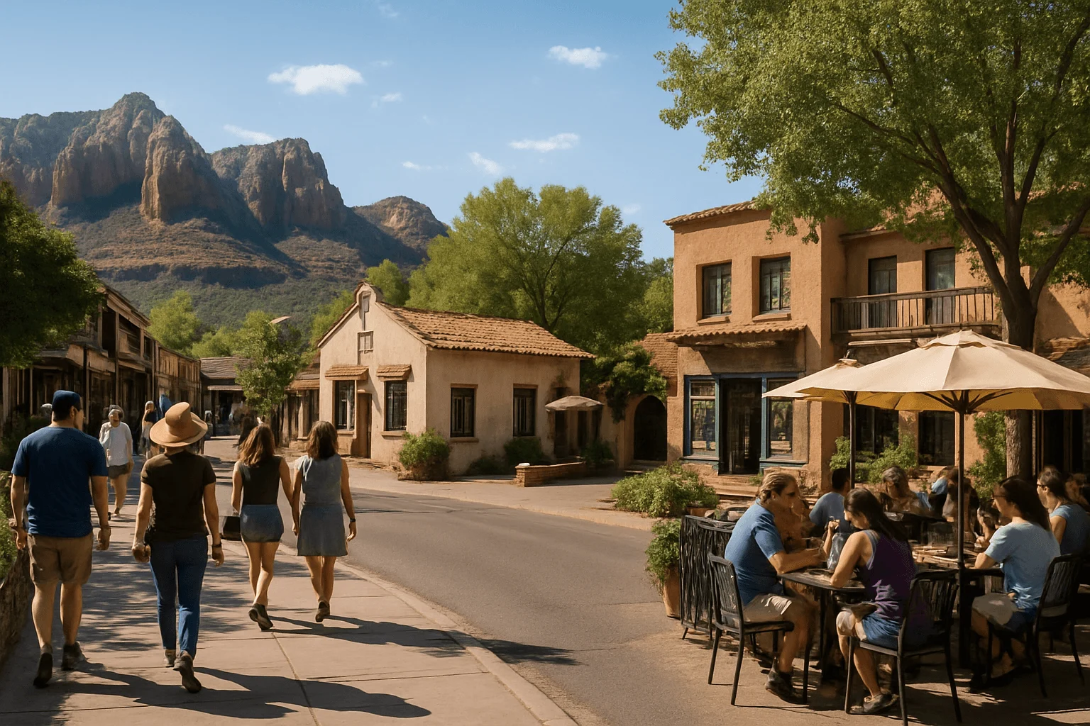 People walking and dining along a tree-lined shopping street