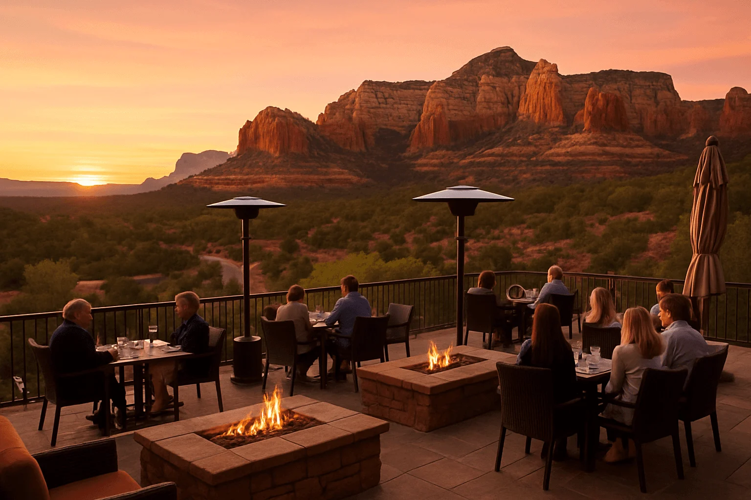 Outdoor restaurant tables overlooking red rocks at sunset