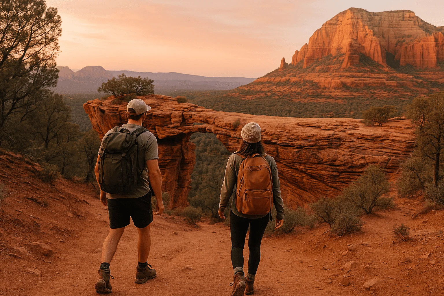Two hikers on a red-dirt path toward sandstone formations