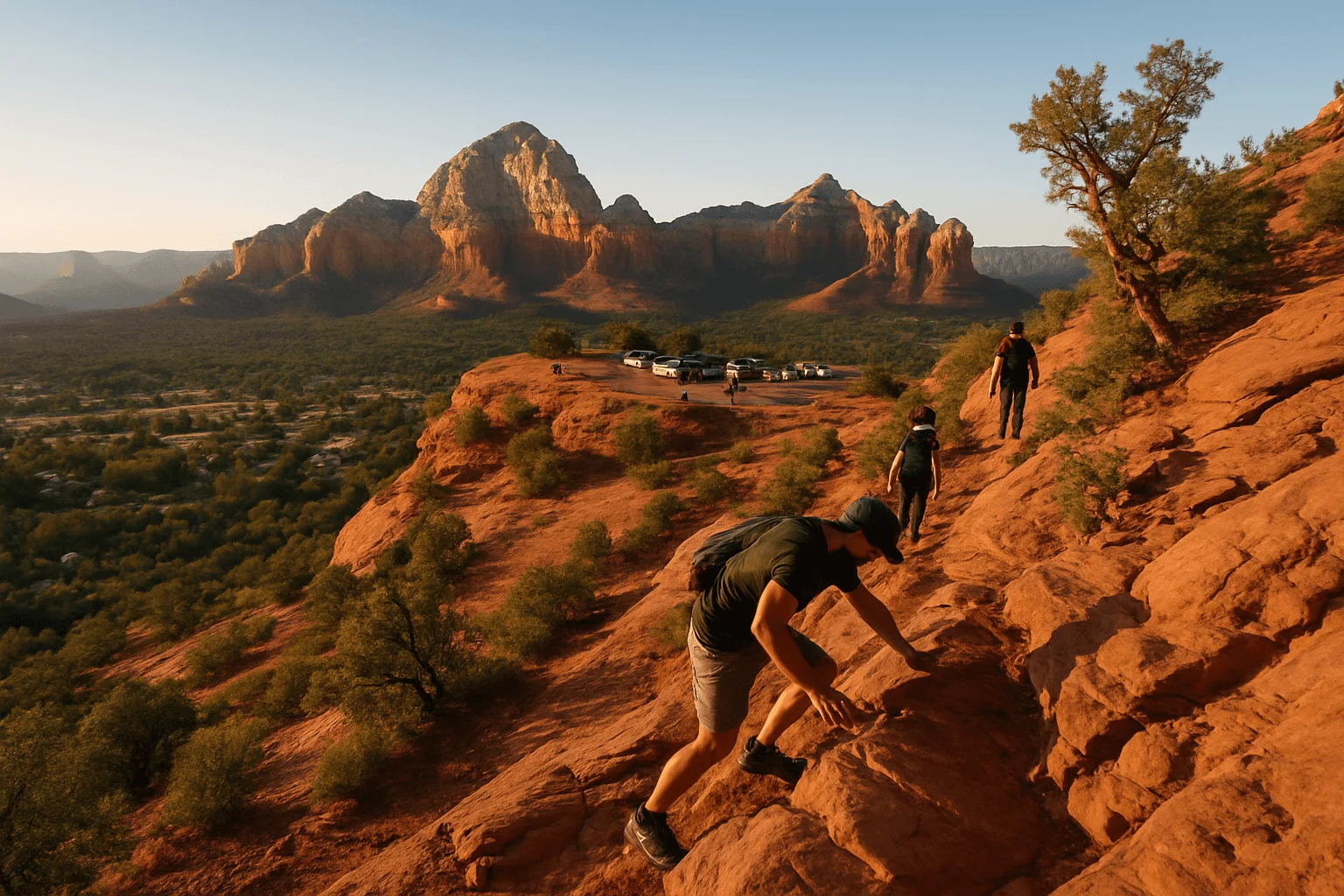 A hiker climbing a rocky sandstone trail