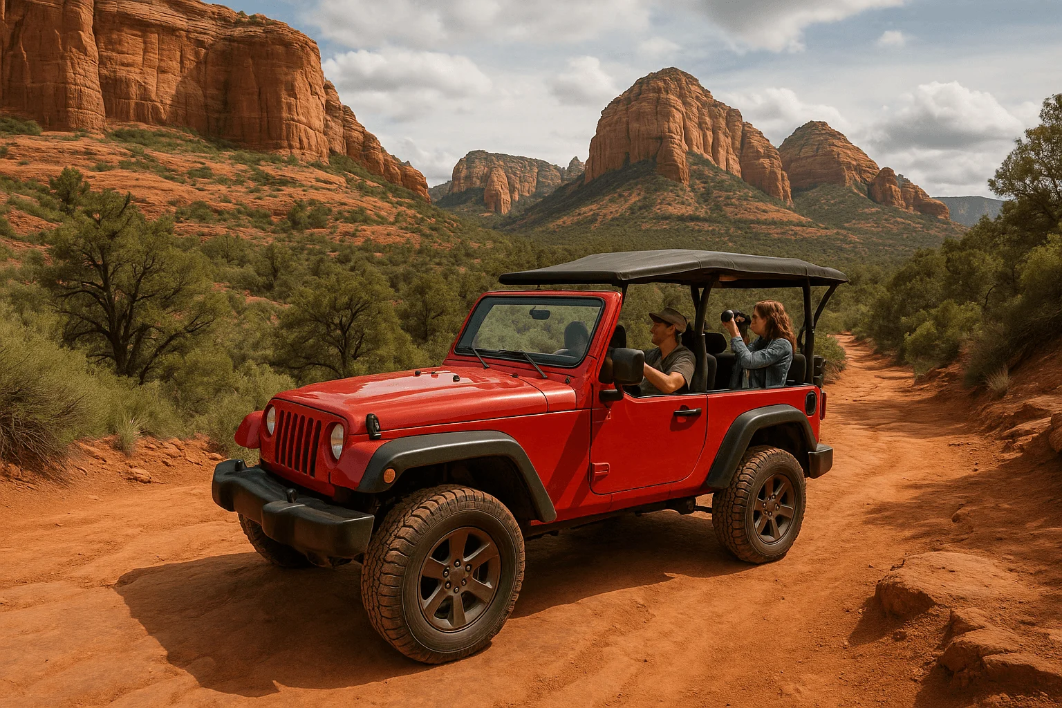 A red open-sided tour vehicle on a desert trail