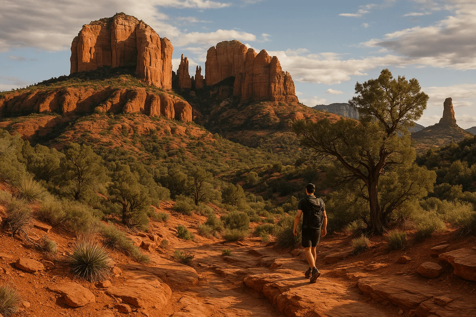A hiker walking among trees beneath red-rock towers