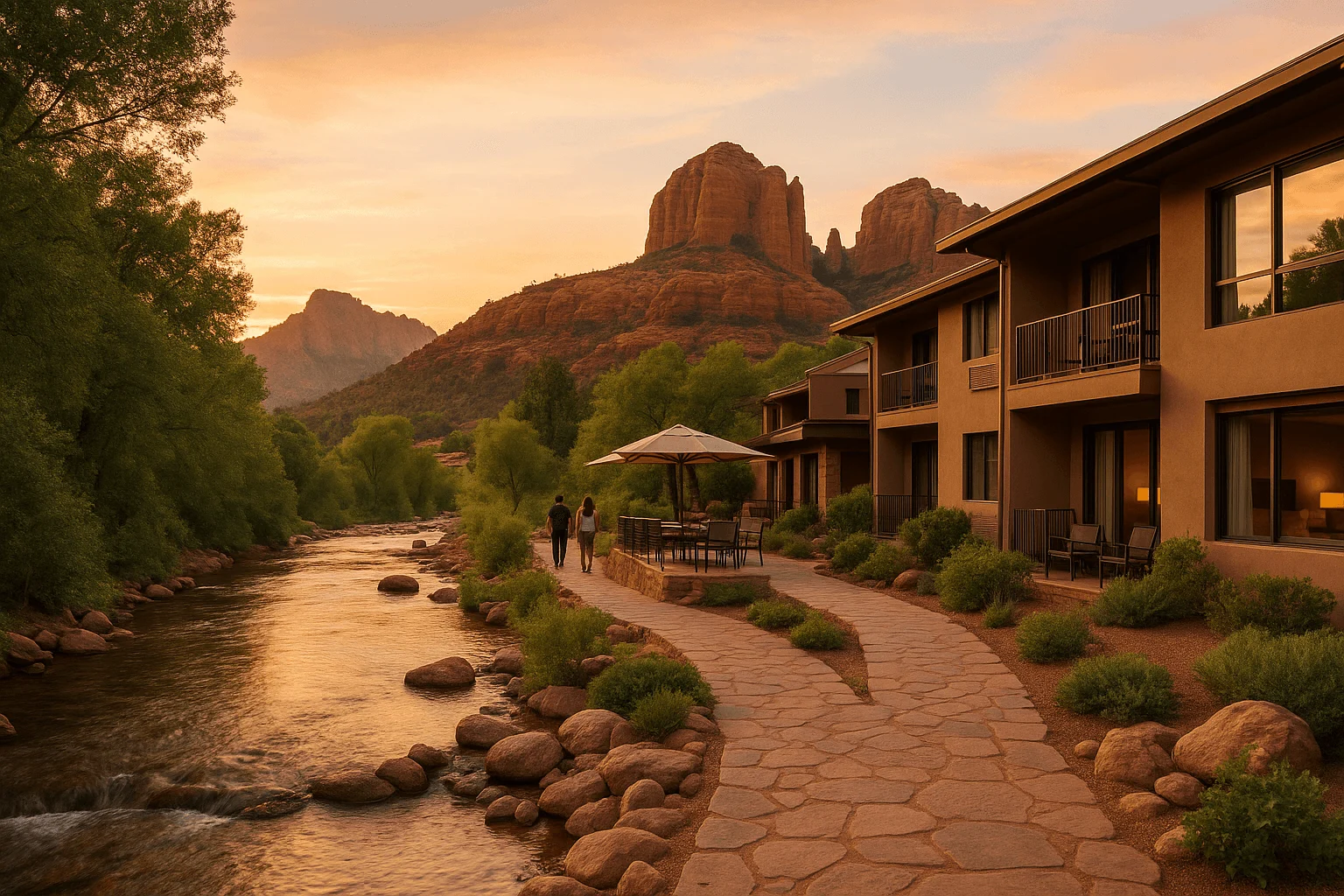 Creekside lodging and a stone walkway at sunset