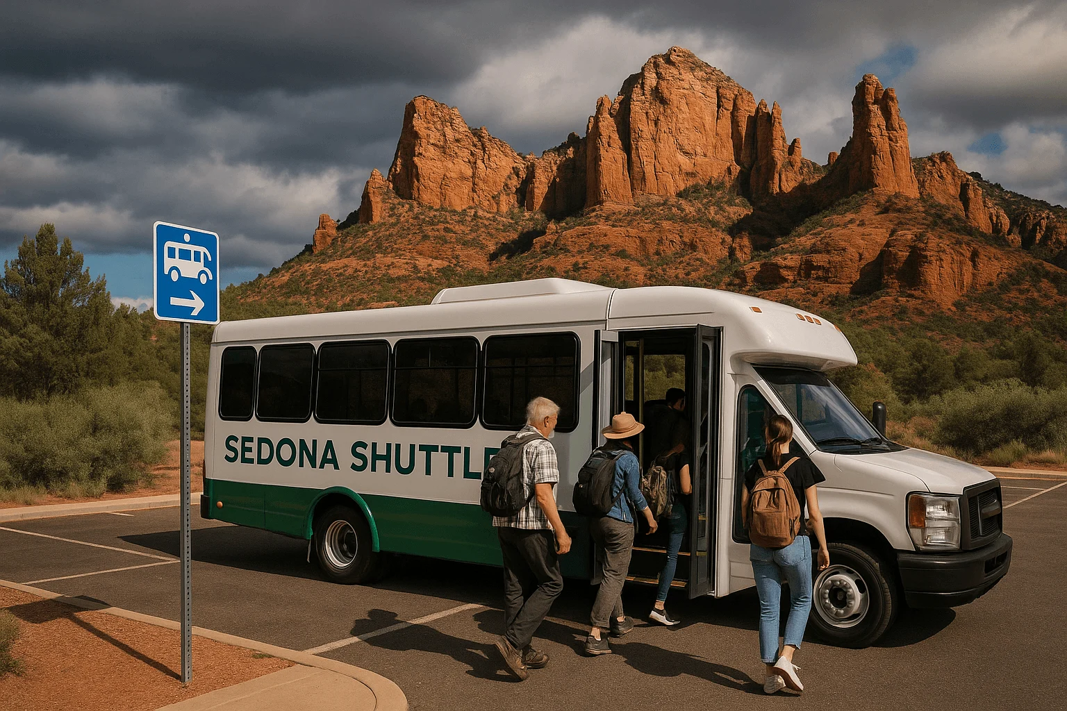 Passengers boarding a bus labeled Sedona Shuttle