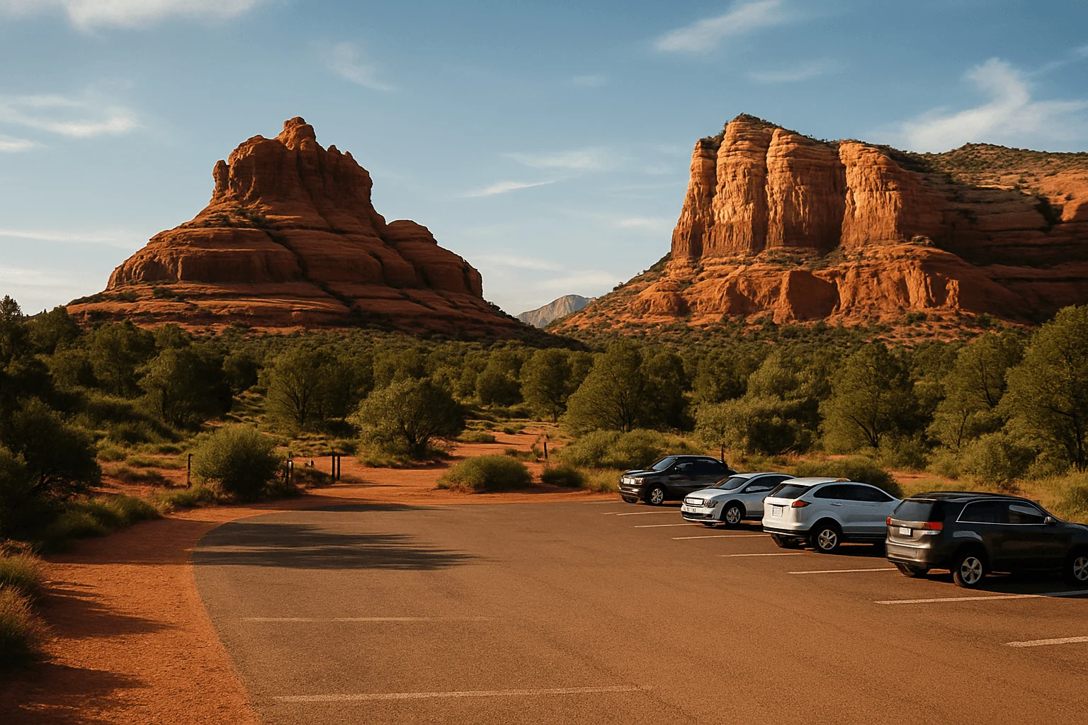 Cars parked at a desert trailhead beneath red-rock formations