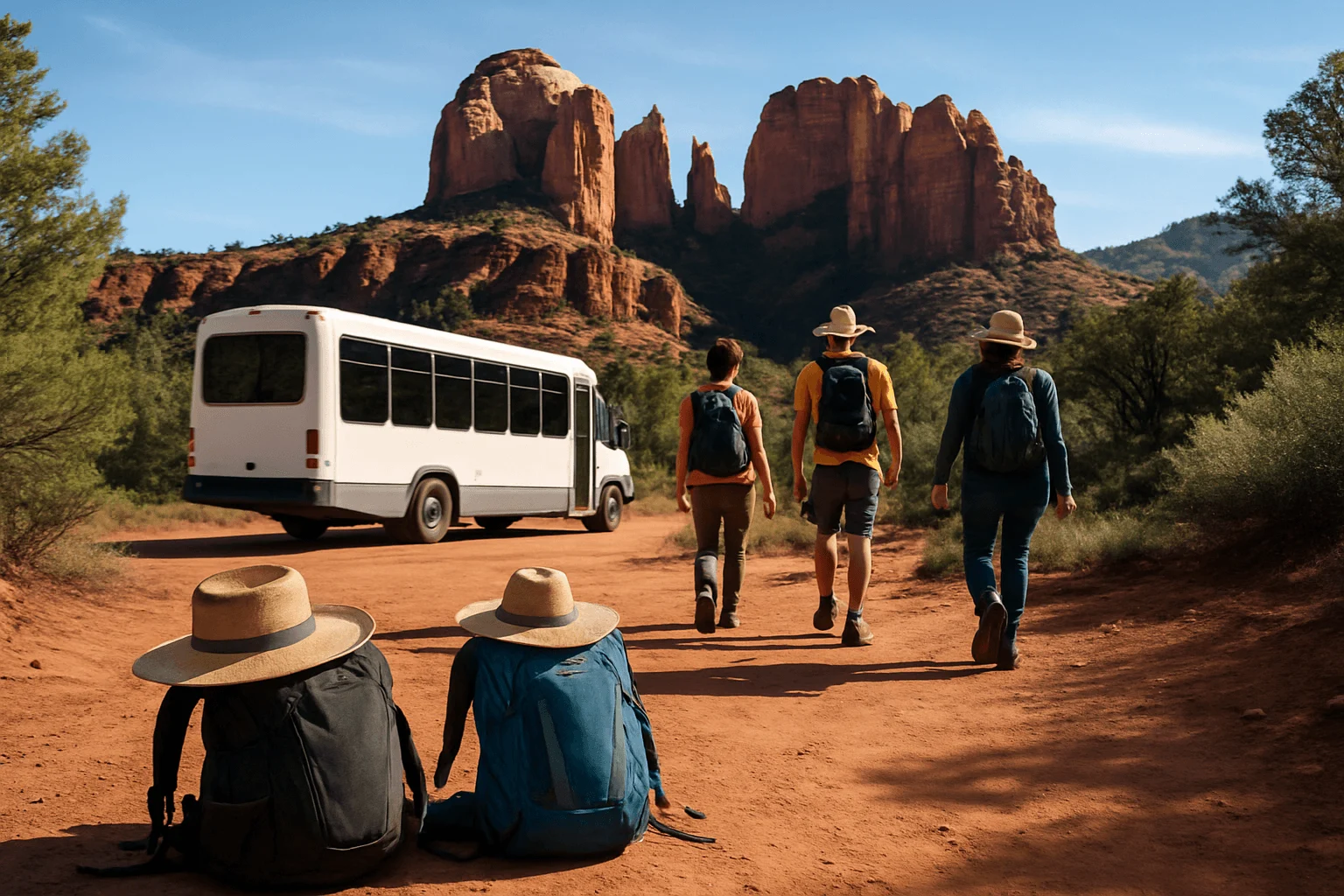 Visitors beside a shuttle at a red-rock trailhead