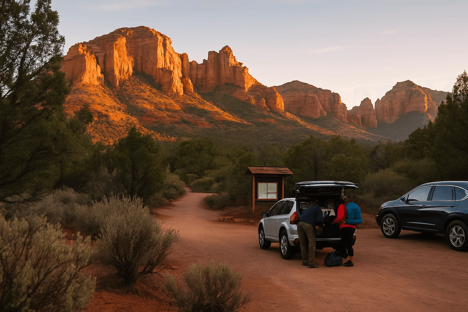Visitors standing beside parked vehicles near red-rock cliffs