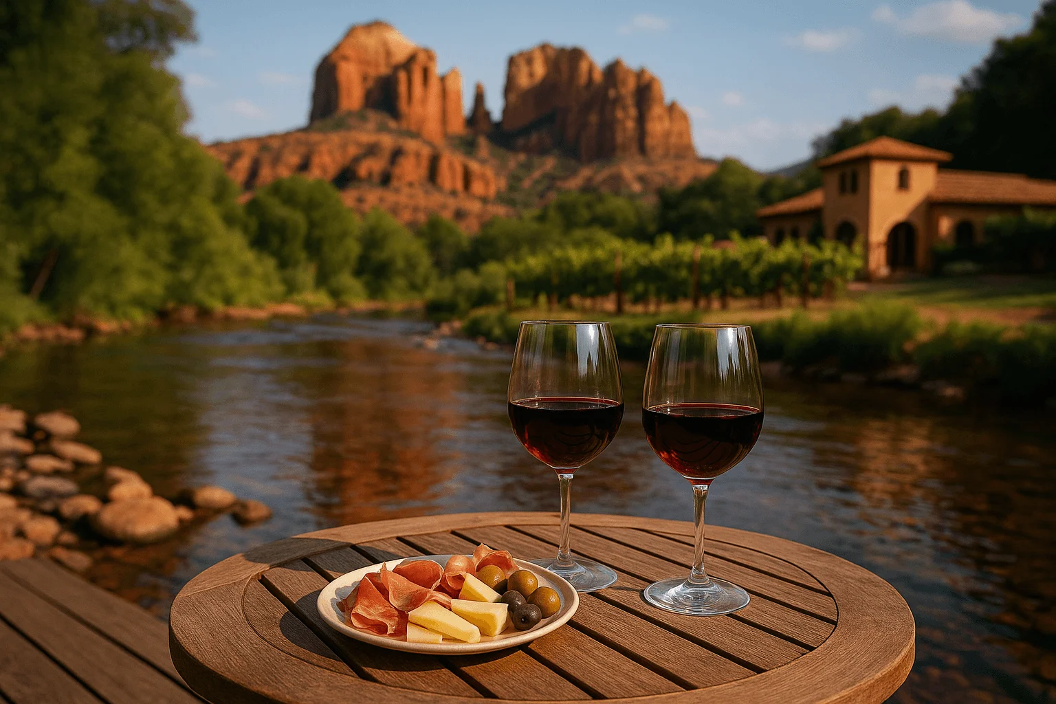 Two glasses and a snack plate on a table beside a creek