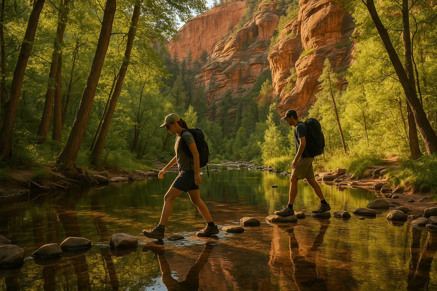 Two hikers stepping across a shaded creek
