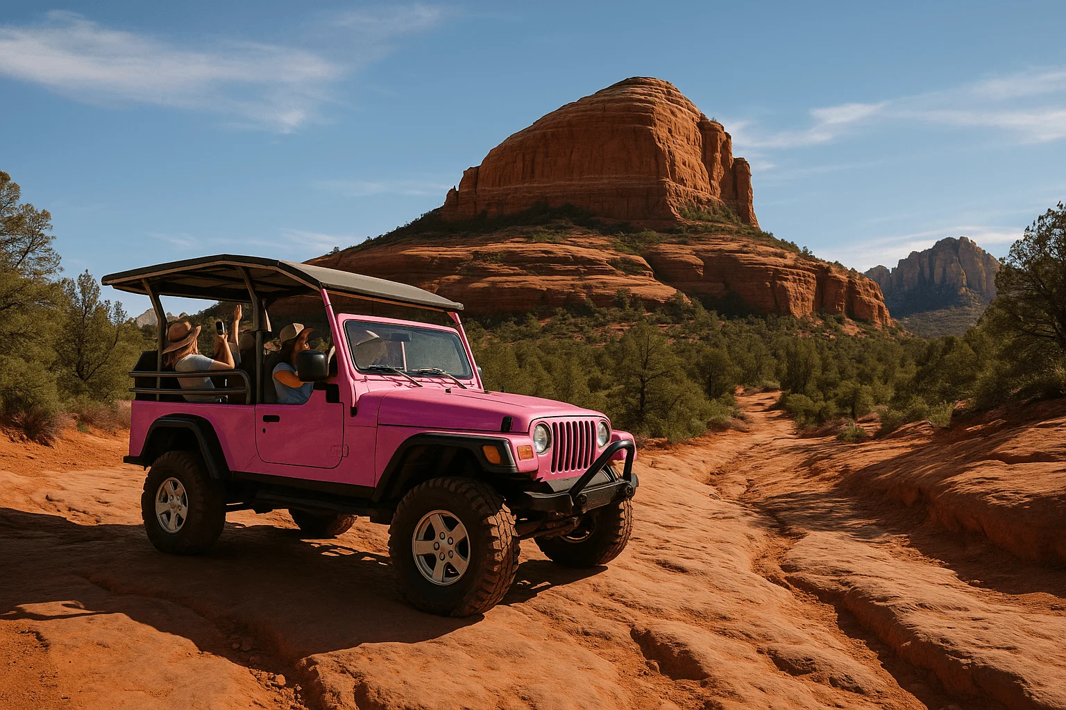 A pink open-sided tour vehicle on a rocky desert trail