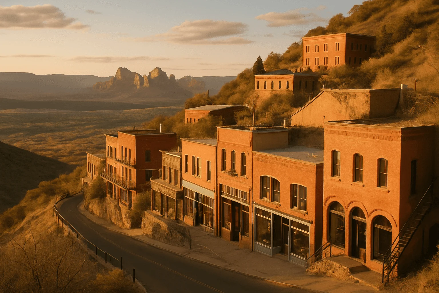 Hillside buildings and a curving road in red-rock country