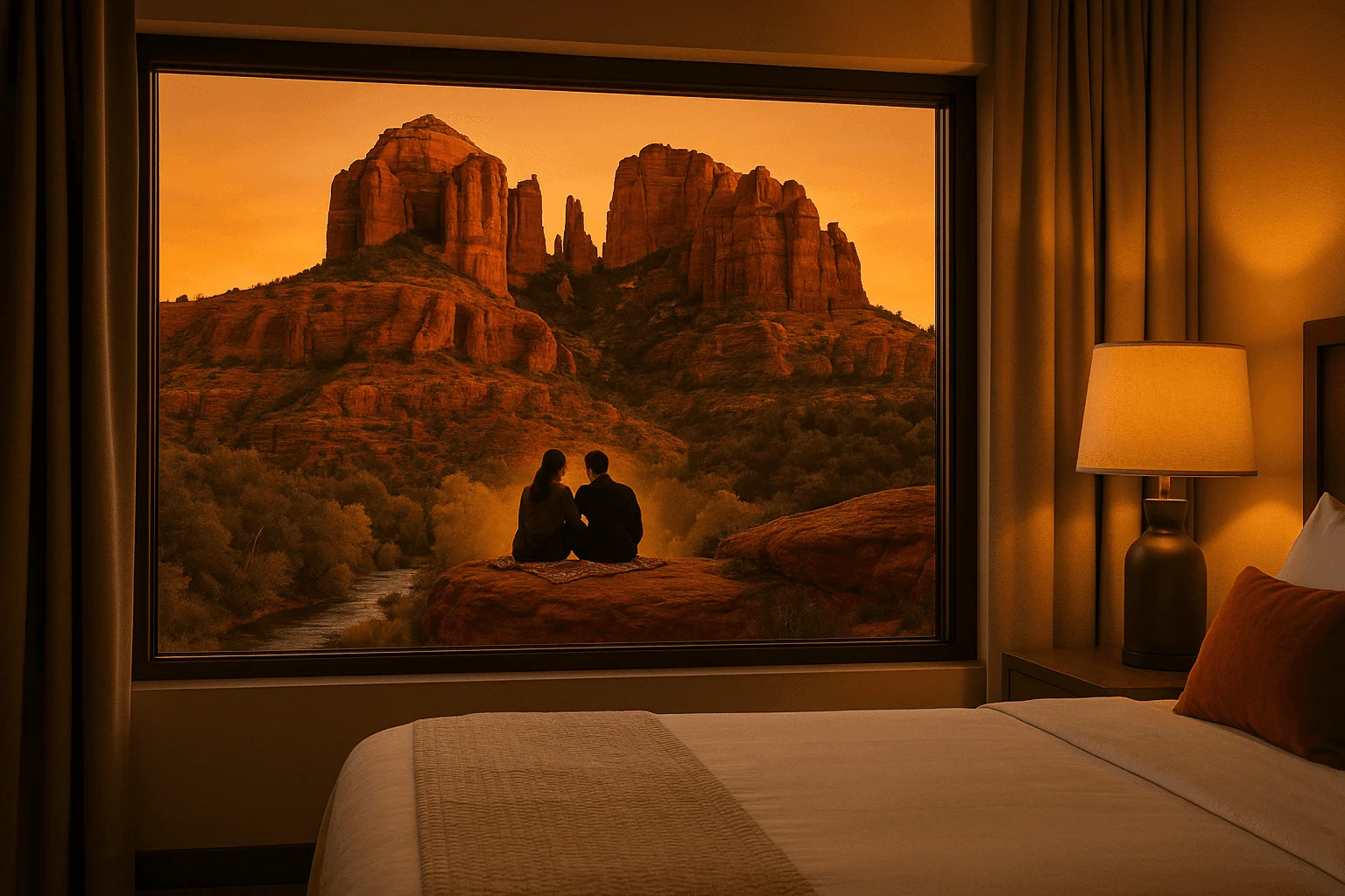 A bedroom window framing red-rock formations at sunset