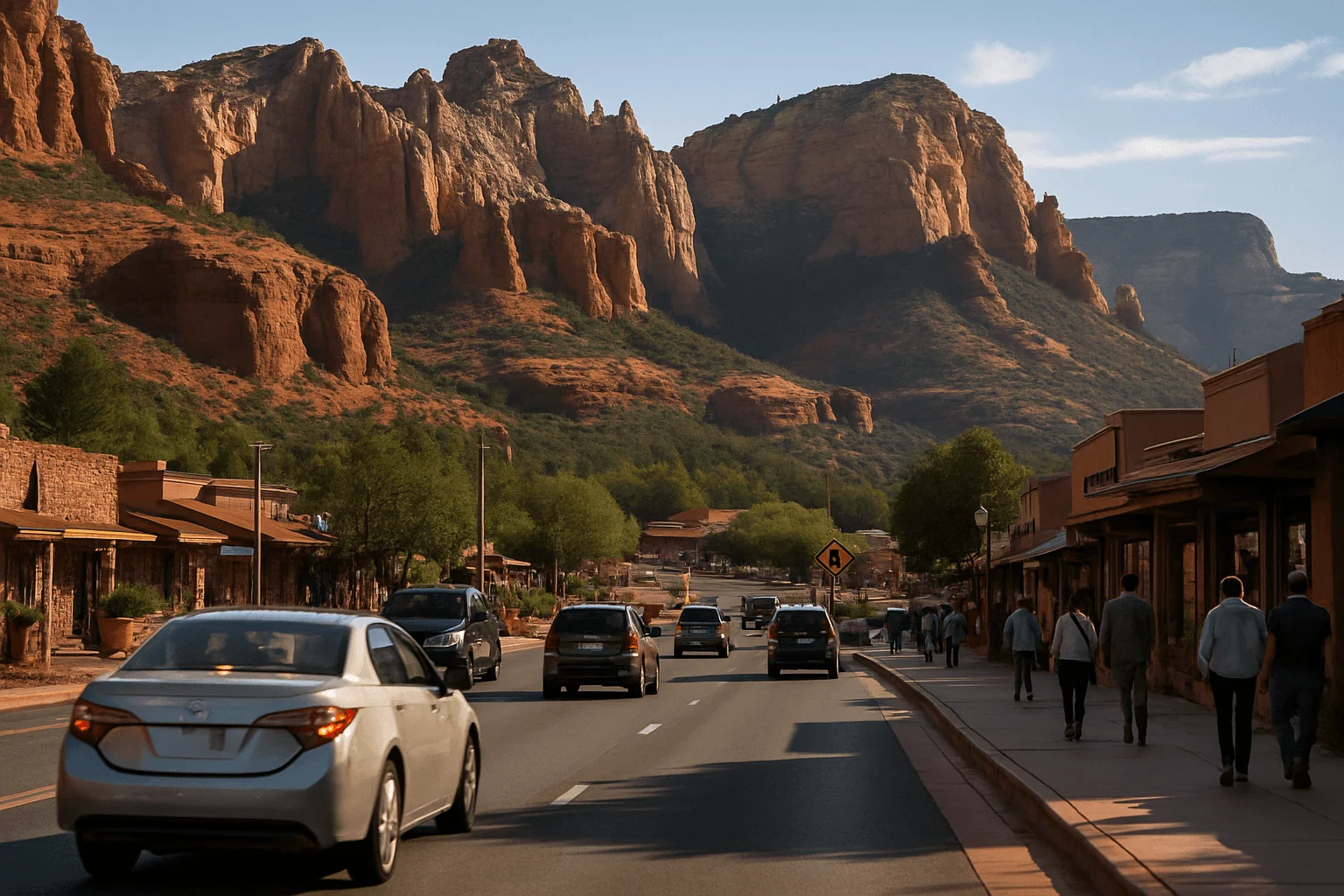 Traffic and pedestrians along a shopping street below red cliffs