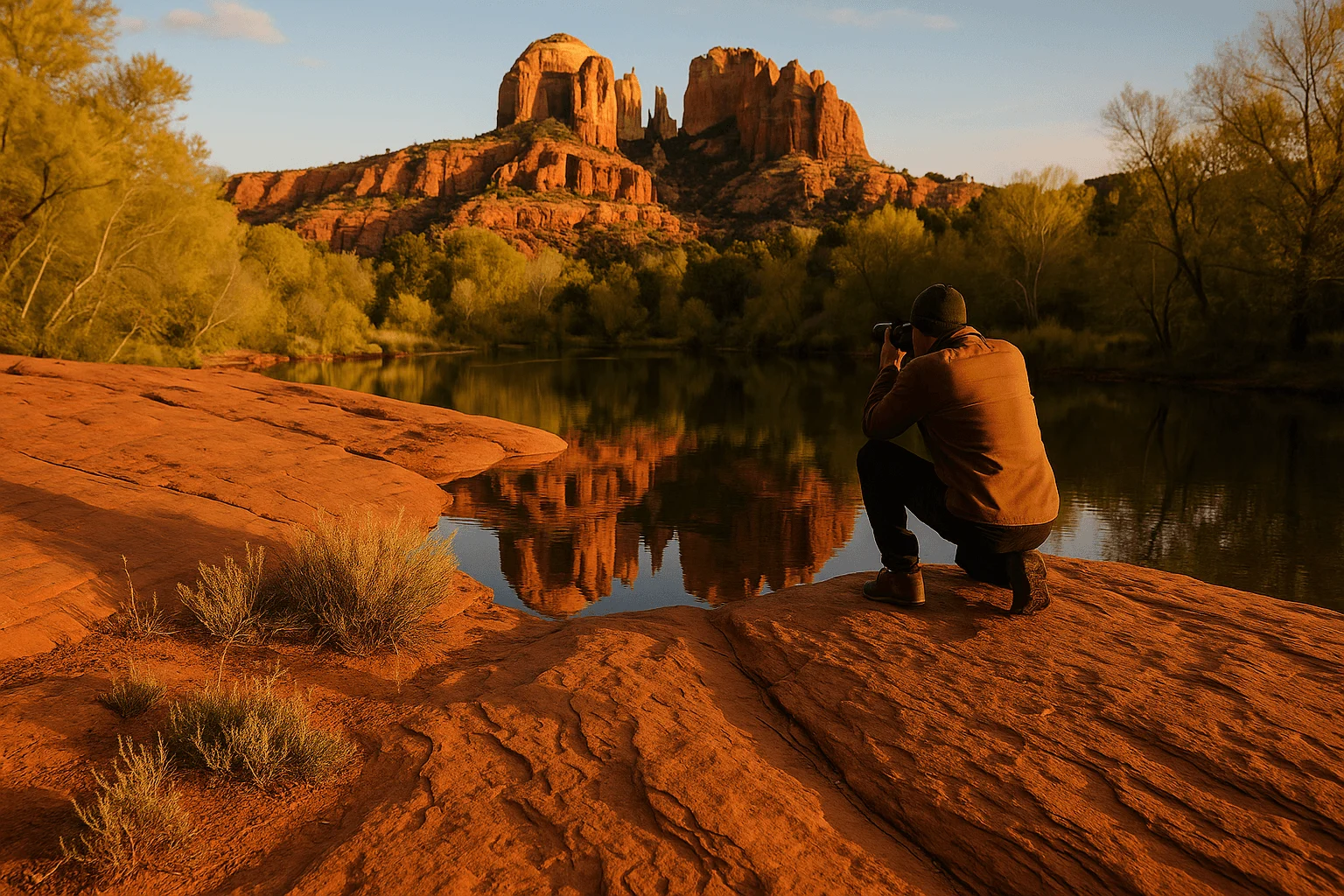 A person crouching beside a creek with red rocks beyond