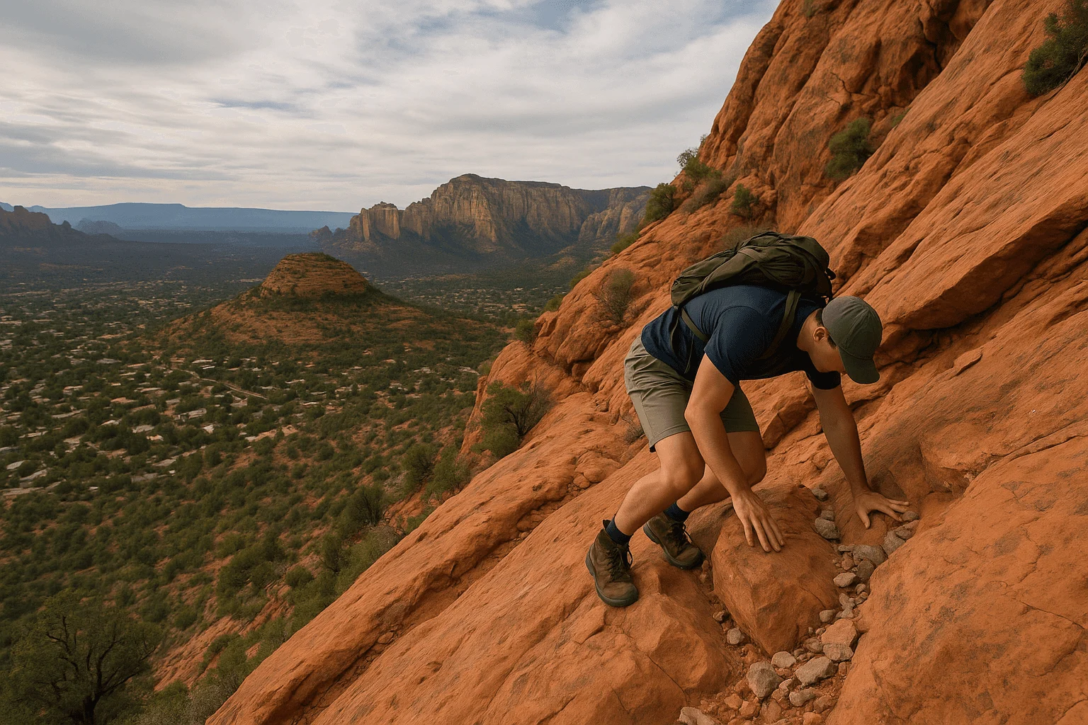 A hiker climbing a steep sandstone slope