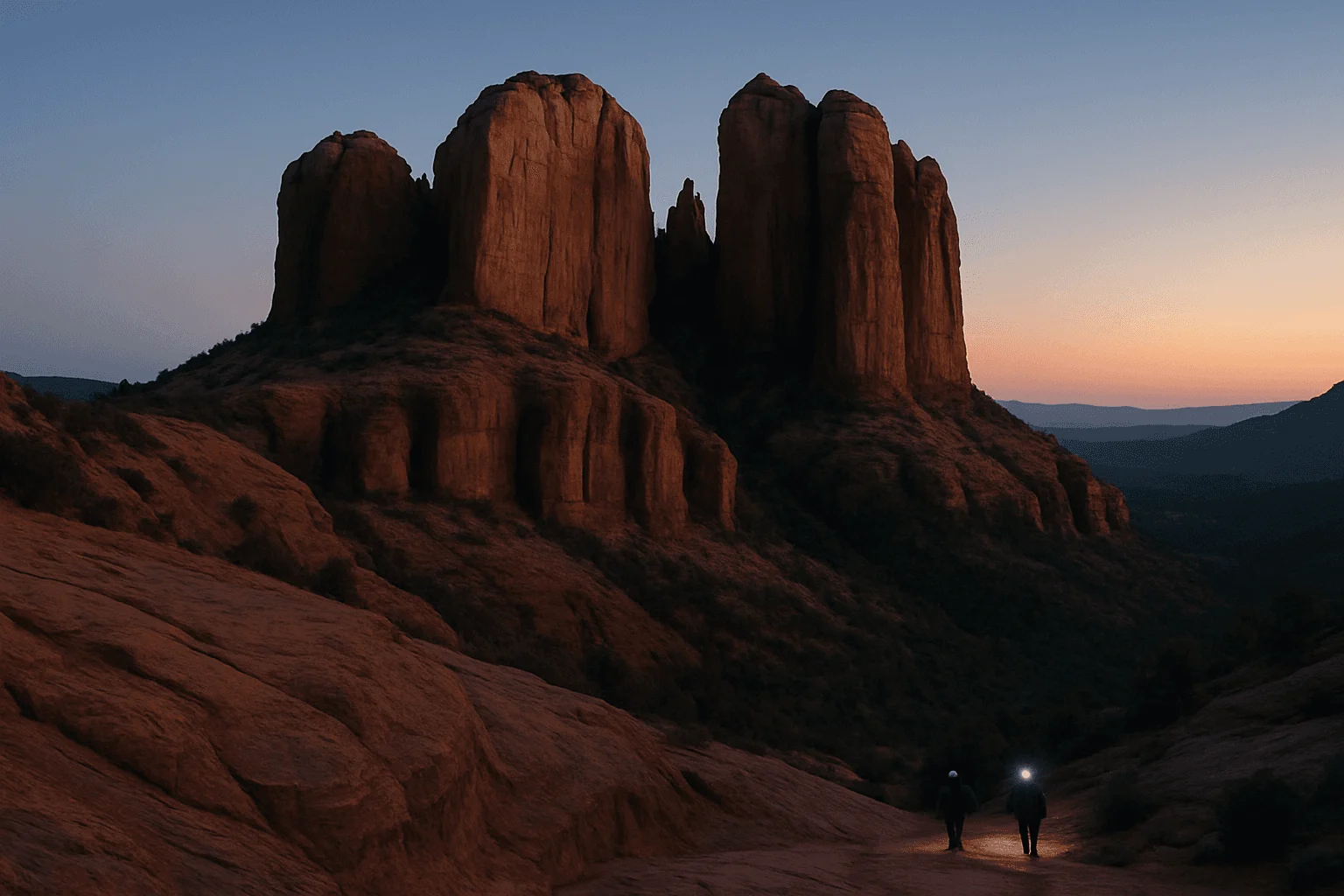 Hikers with lights near red-rock towers at dusk