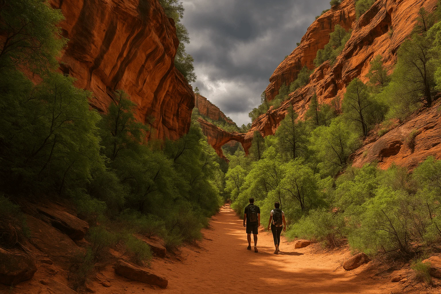 Two walkers on a shaded canyon path