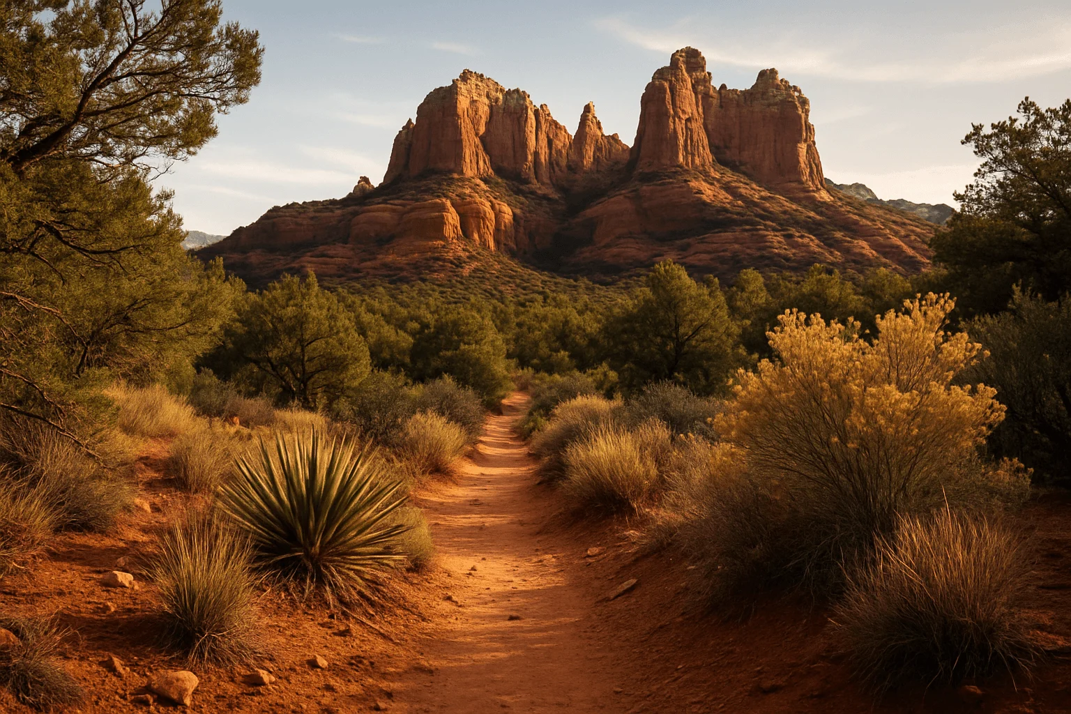 A red-dirt path winding through desert plants toward rock towers