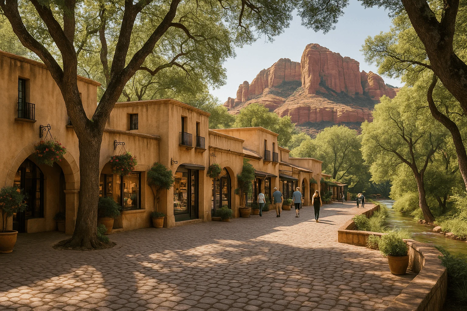 An empty tree-lined shopping courtyard beneath red-rock cliffs
