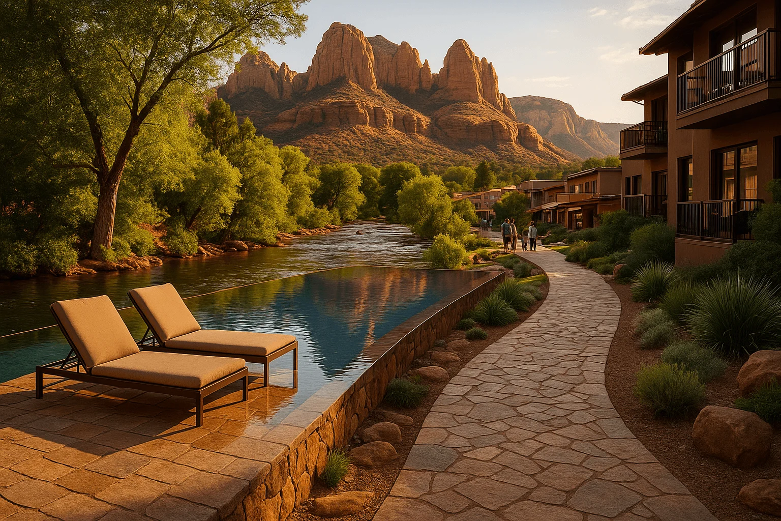Poolside loungers and a walkway beside creekside lodging