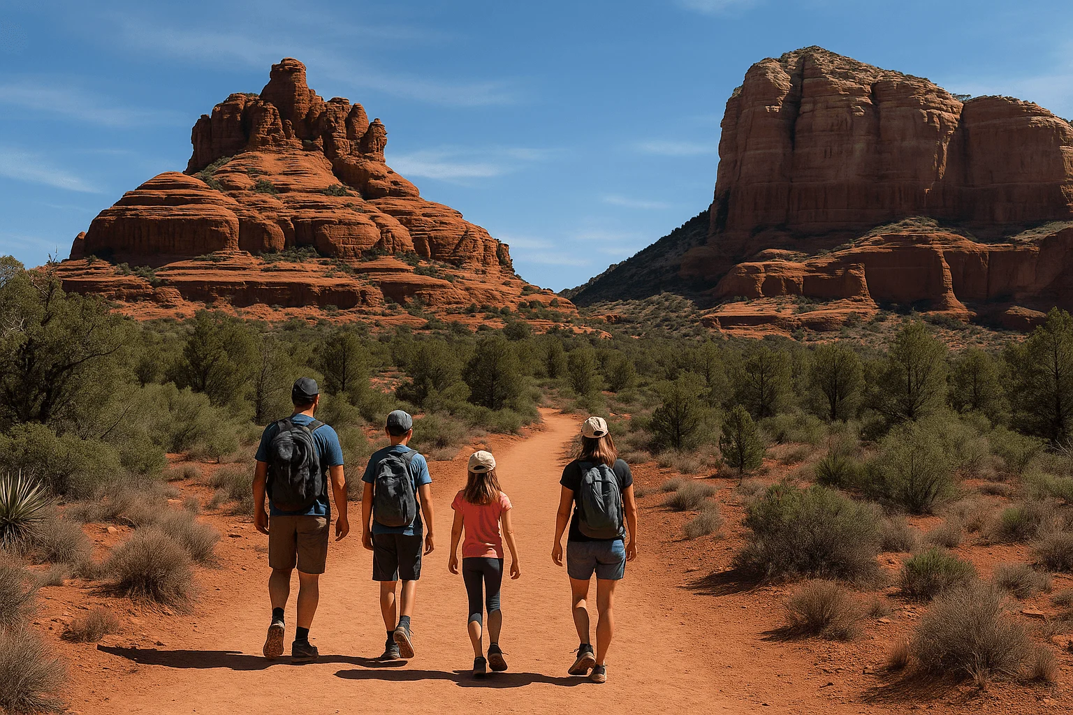 A group of hikers following a broad desert trail