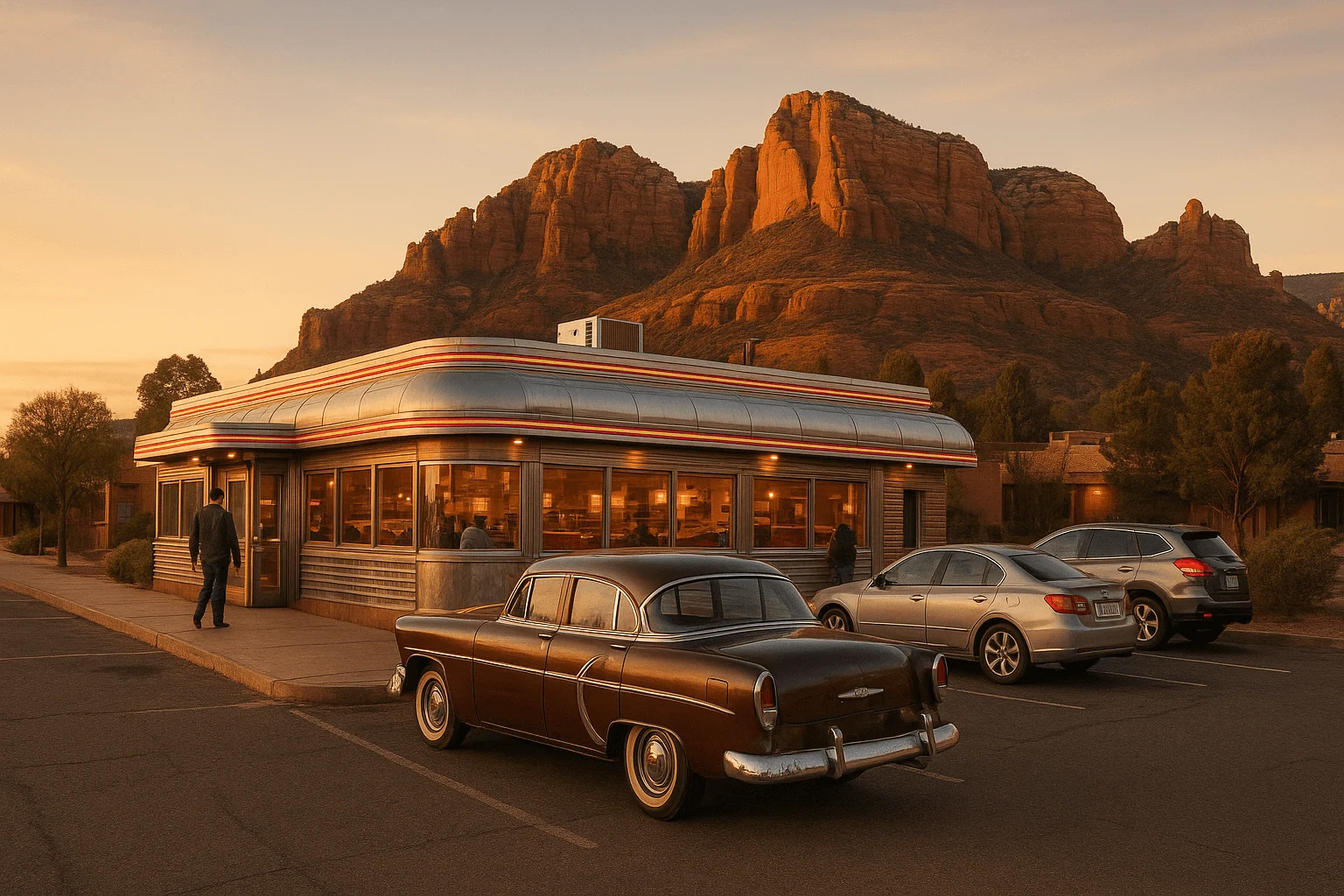 A roadside diner and parked cars beneath red-rock formations
