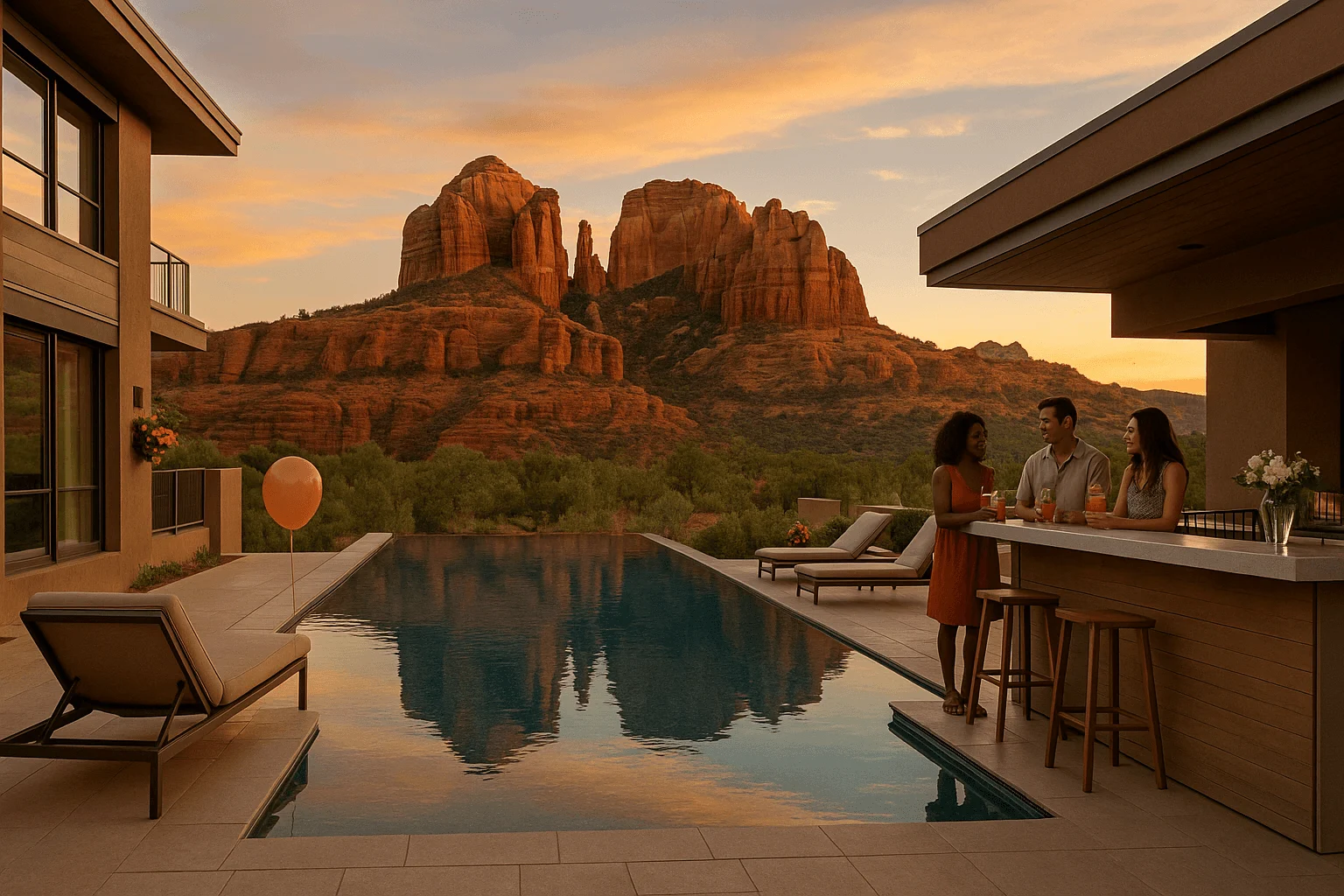 A swimming pool and outdoor bar with red-rock views