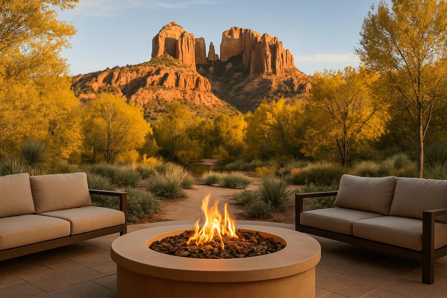 A fire pit between sofas with autumn trees and red rocks beyond