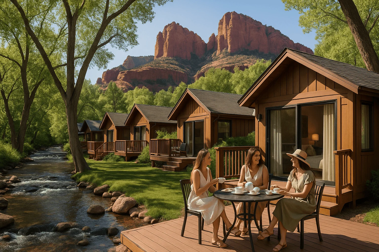 People dining beside wooded creekside cabins
